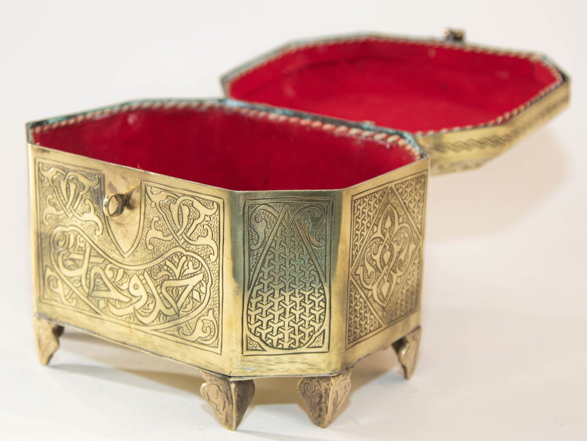 Persian Brass Jewelry Box in Mamluk Revival Damascene Moorish Islamic Style 1920