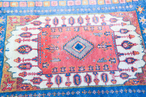 1960s Moroccan Berber Rug in Royal Blue, Pink and Orange Colors