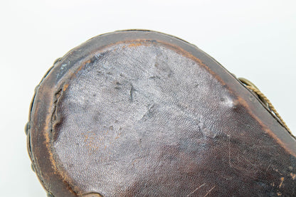 Antique Moroccan Carved Wood and Tooled Leather Powder Flask, 19th Century