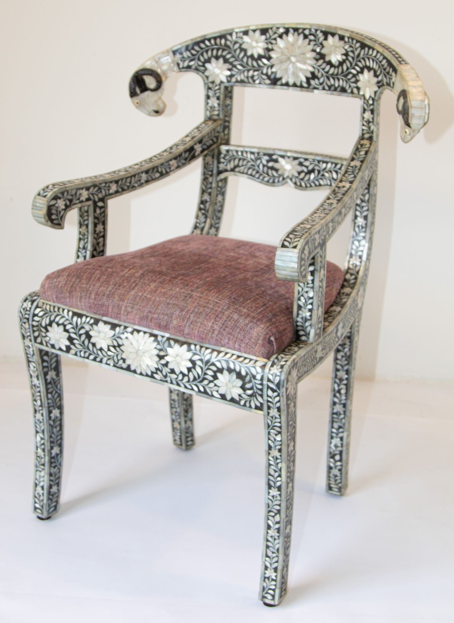 Anglo-Indian Mughal Mother of Pearl Inlaid Klismos Armchair with Ram Head 1 of 2