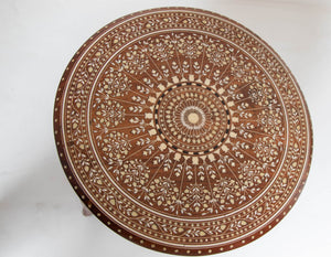 19th c. Anglo Indian Mughal Teak Bone Inlaid Round Side Table