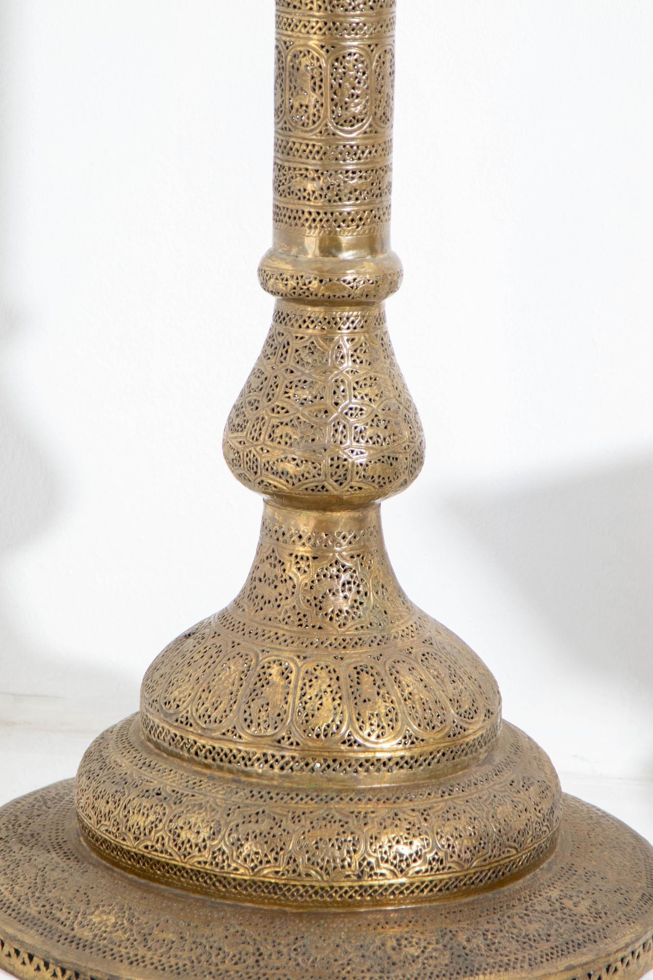 Antique Egyptian Mamluk Revival Pierced Brass Floor Candleholder