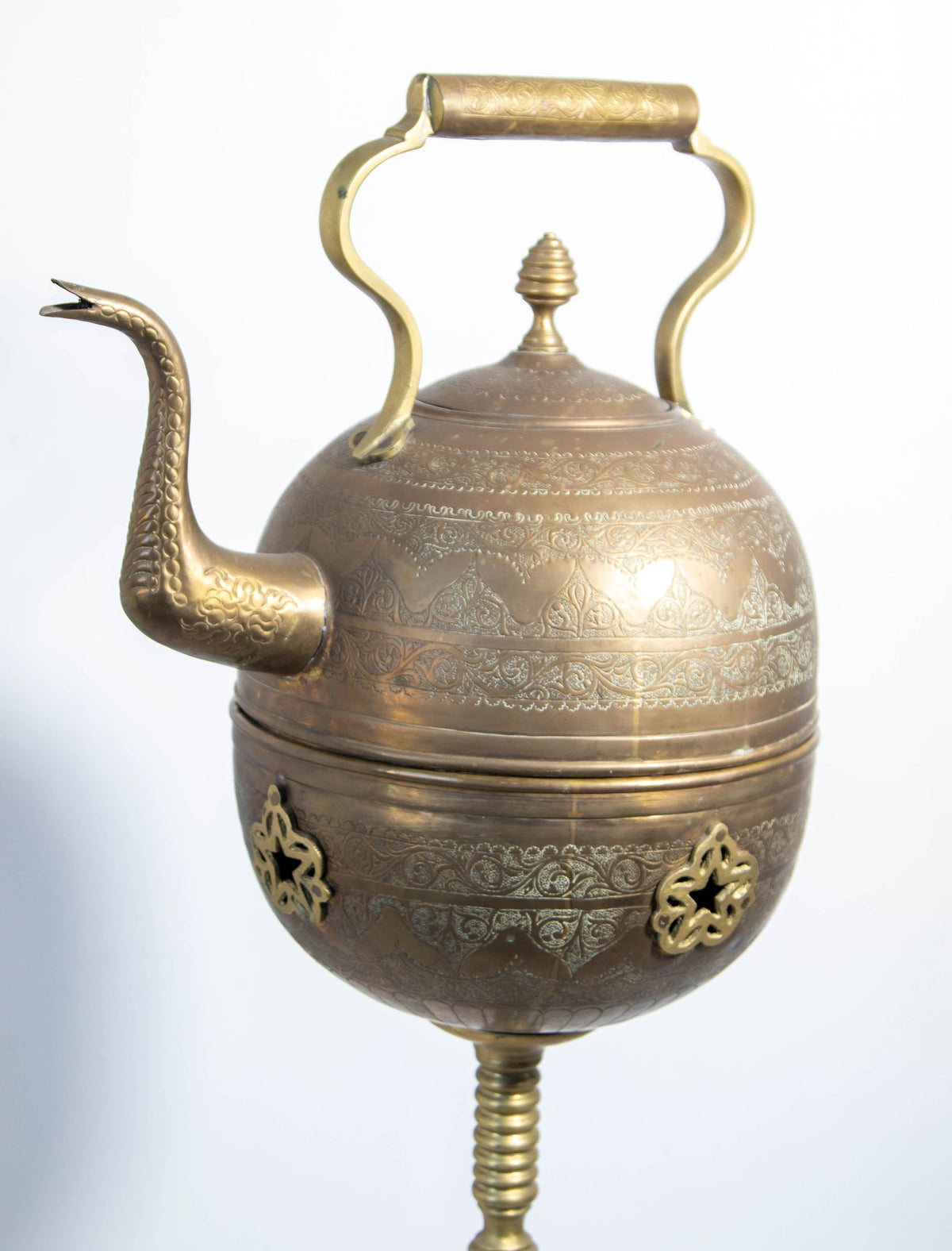 Monumental Moroccan Engraved Brass Tea Kettle on Stand