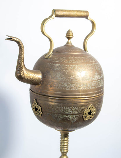 Monumental Moroccan Engraved Brass Tea Kettle on Stand
