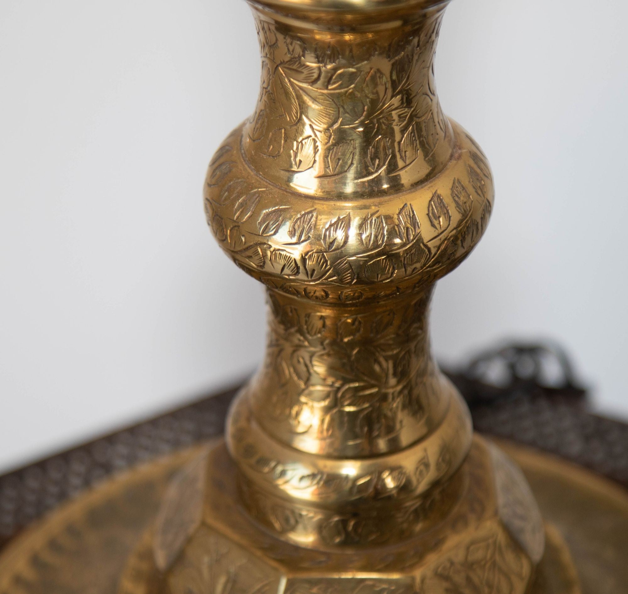 Vintage Polished Etched Solid Brass Candle Holder Table Lamp India