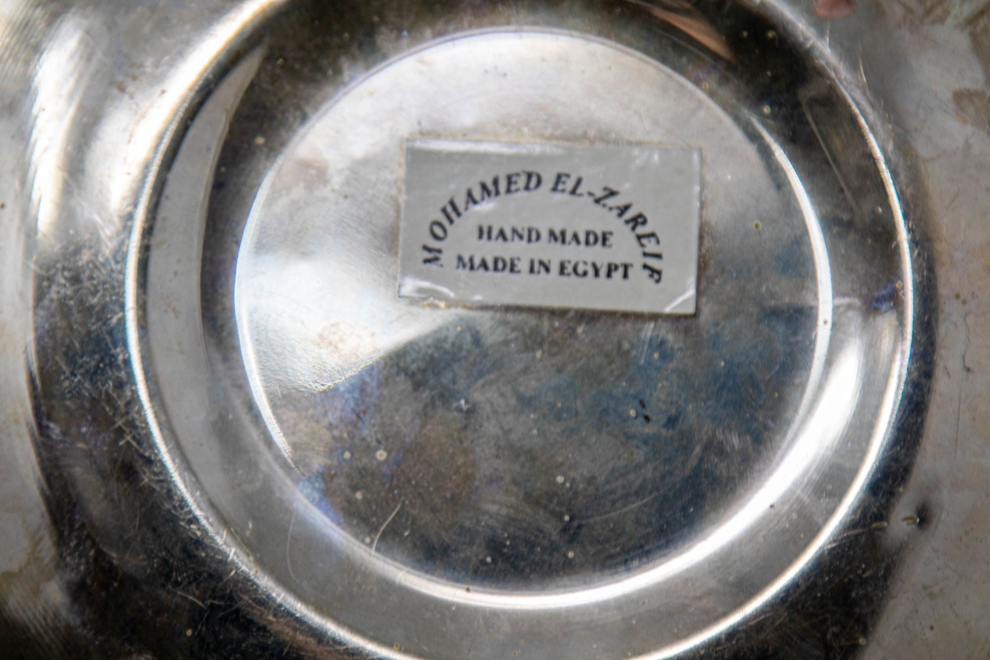 Egyptian Round Brass Tray with Silver and Copper Overlay Wall Hanging 1970