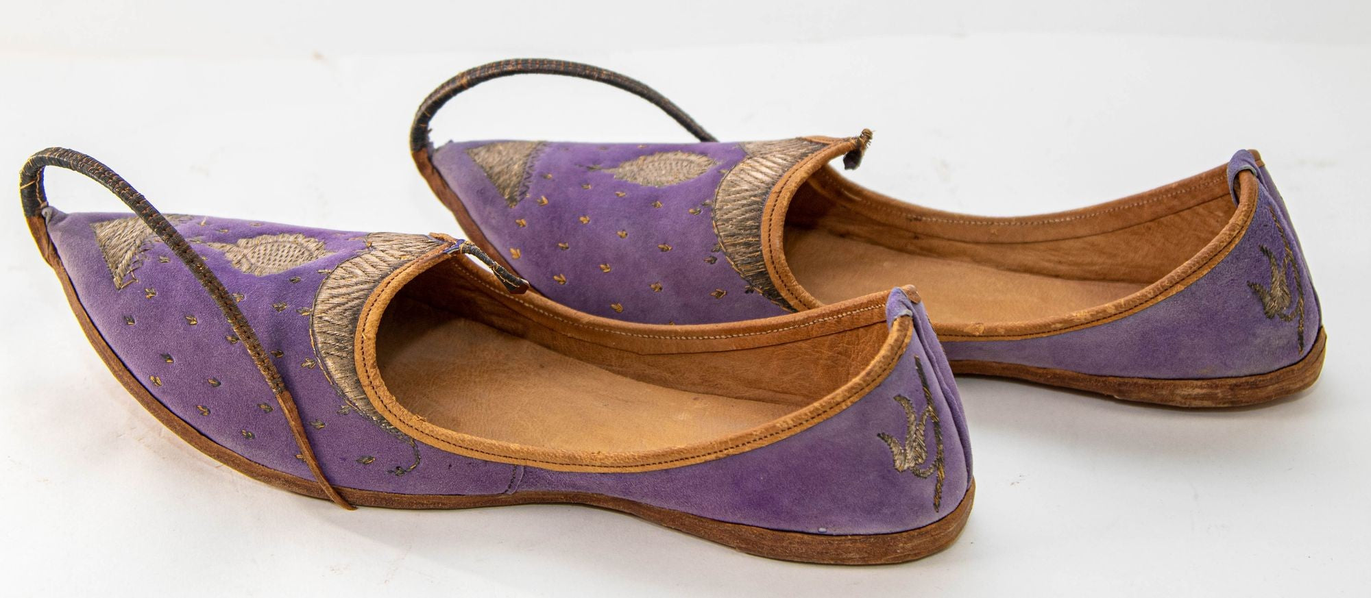 Antique Leather Purple Velvet Suede Mughal Raj Moorish Shoes Gold Embroidered
