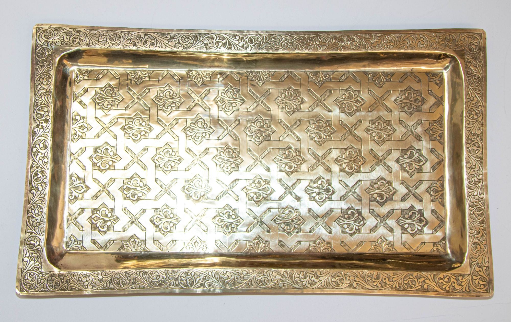 1940s Moroccan Brass Tray Rectangular Shape Polished Gold Brass Serving Platter