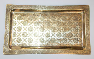 1940s Moroccan Brass Tray Rectangular Shape Polished Gold Brass Serving Platter