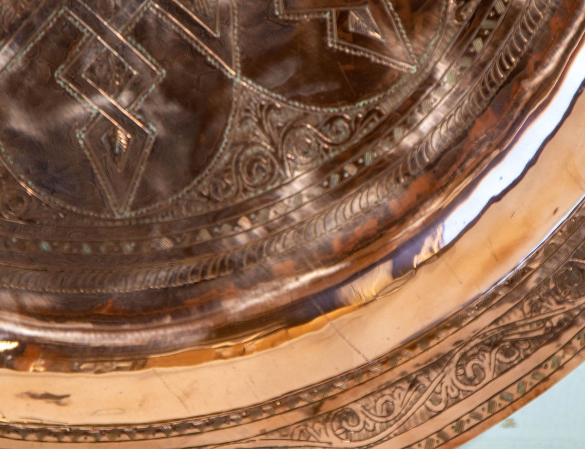 Antique Oversized Moroccan Metal Copper Tray 31 in Diameter