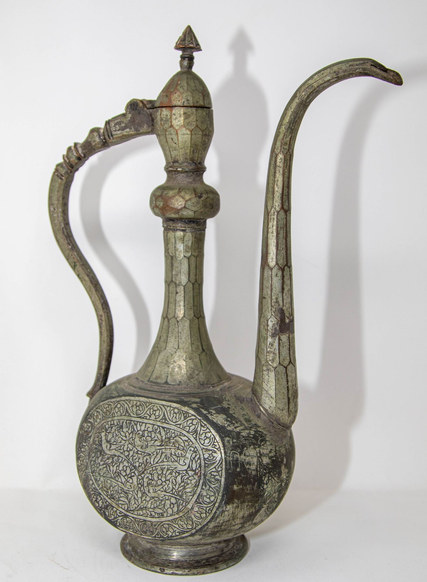 Antique Islamic Middle Eastern Qajar Persian Tinned Metal Ewer 19th Century