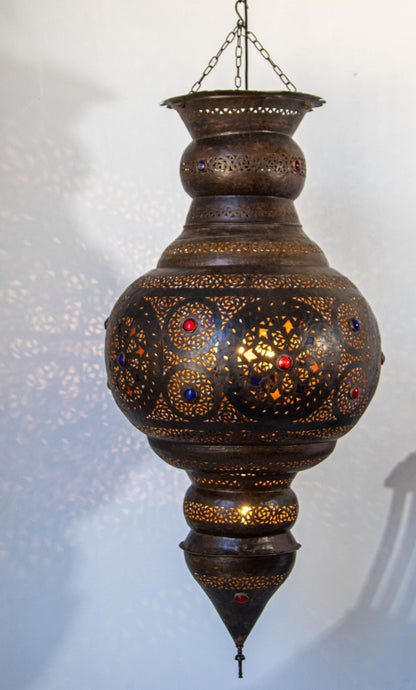Large Moroccan Moorish Pierced Brass Chandelier with Colored Glass, circa 1940