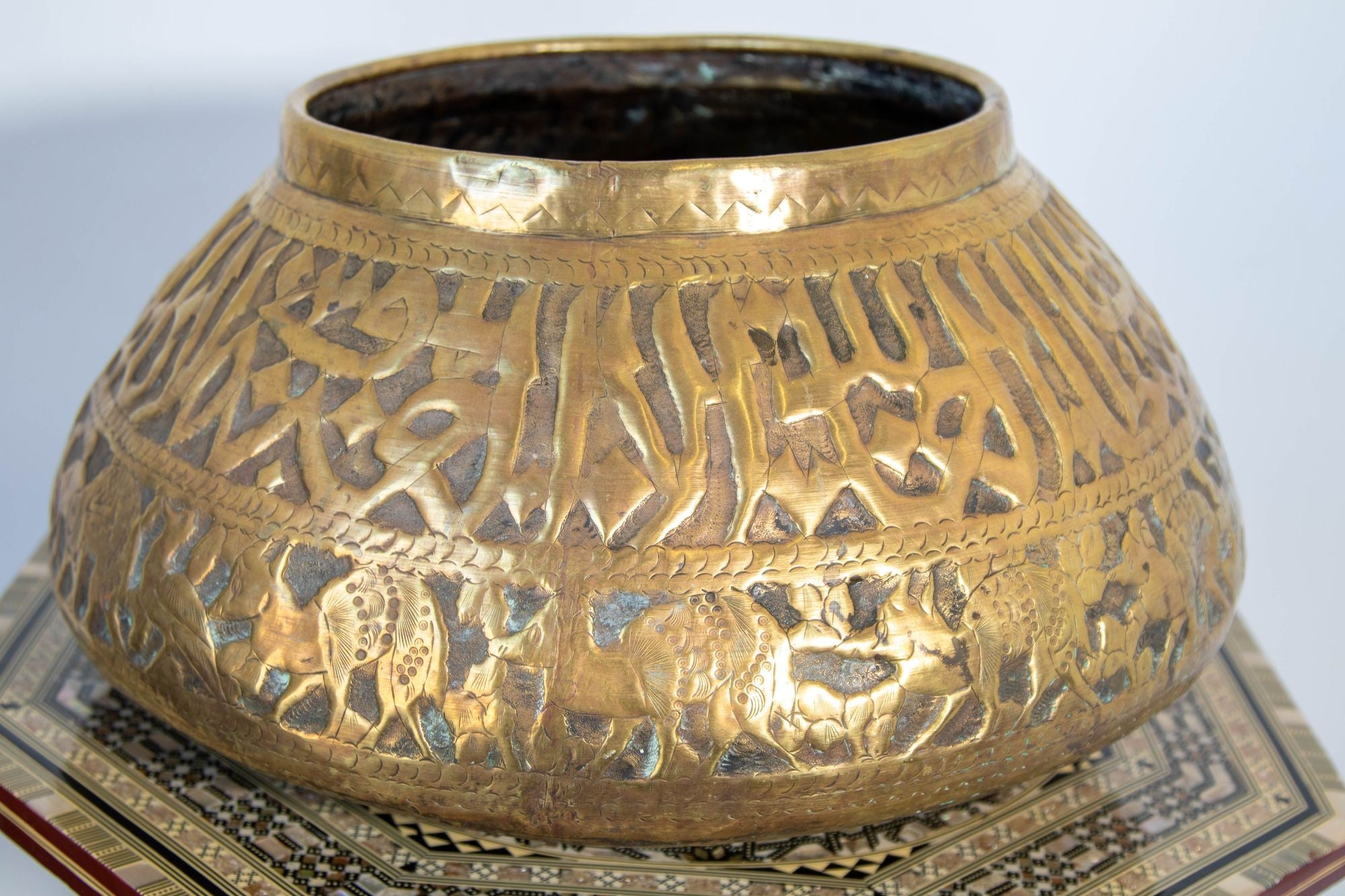 Large Islamic Brass Vessel Egyptian Moorish Round Brass Polished Bowl 19th c.