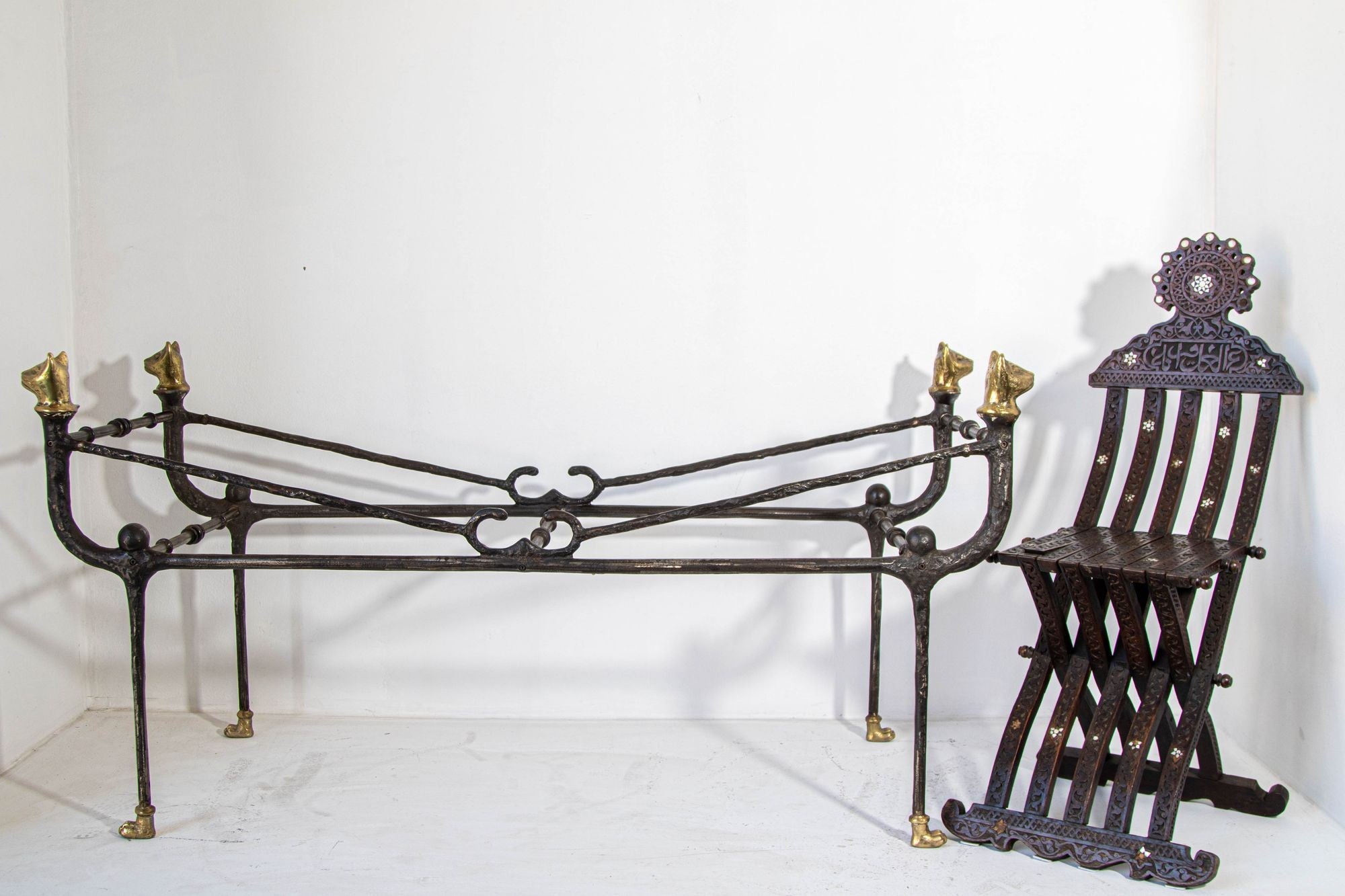 Giacometti Style Sculptural Brutalist Iron and Glass Console Table With Cat Head