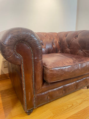 Vintage English Brown Leather Tufted Chesterfield Club Armchairs a Pair