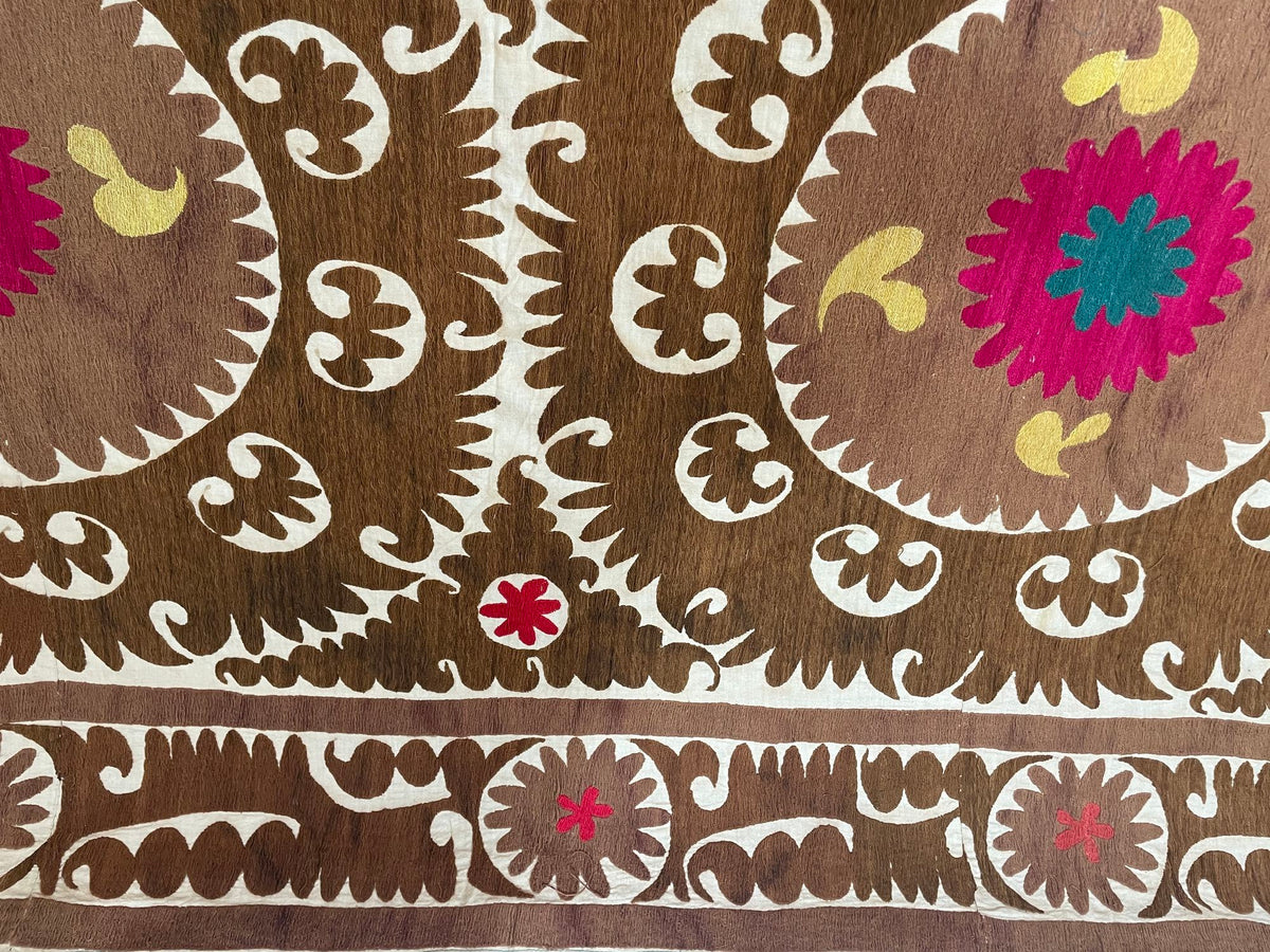 Vintage Embroidered Uzbekistan Suzani Tapestry Wall Hanging Brown and Pink XL