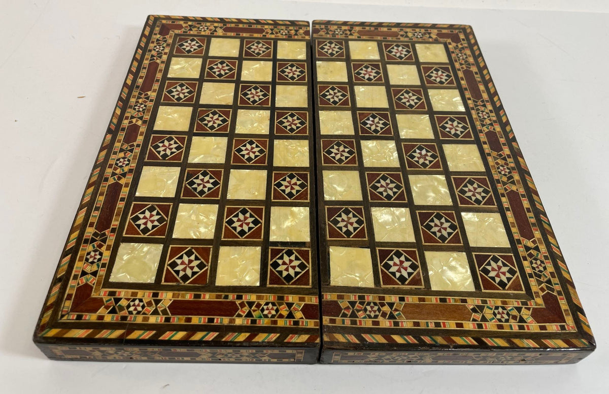 Middle Eastern Mosaic Inlaid Marquetry Box, Vintage Game Chest, 1950
