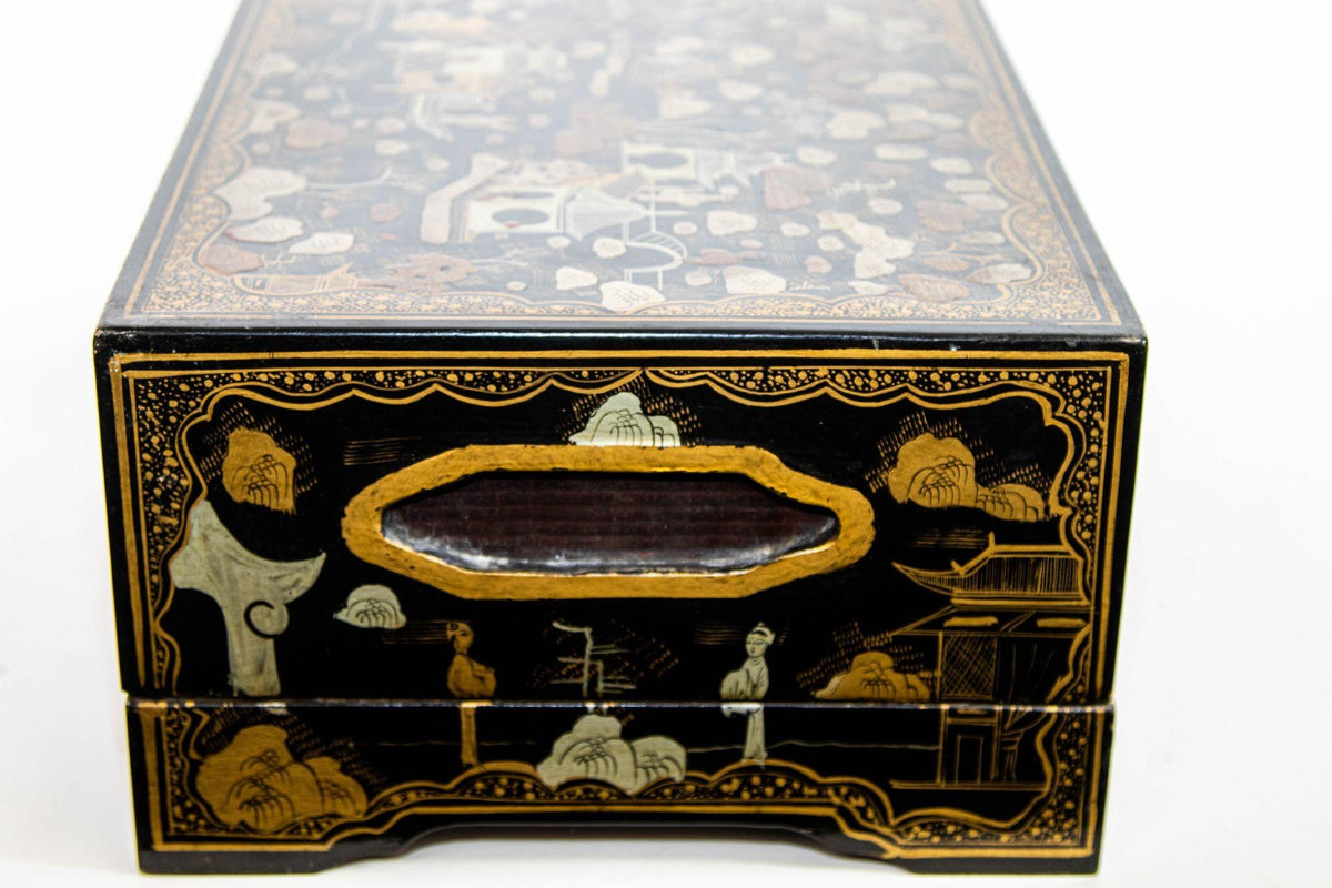 Large Chinoiserie Rectangular Black Lacquered Gilt Painted Covered Box 1950s — additional view 16