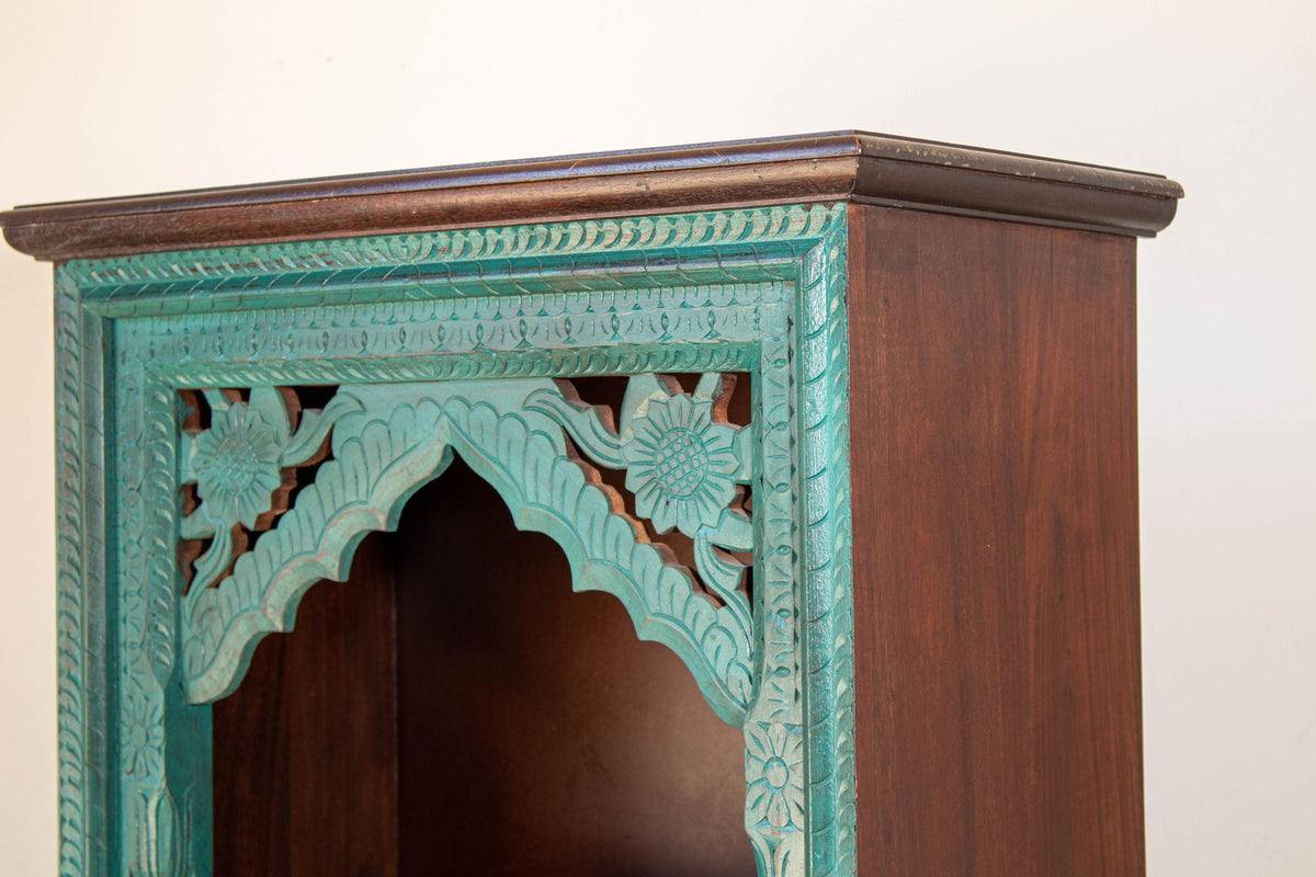 Hand-Carved Arch Bookshelf Wooden Cabinet in Rustic Blue
