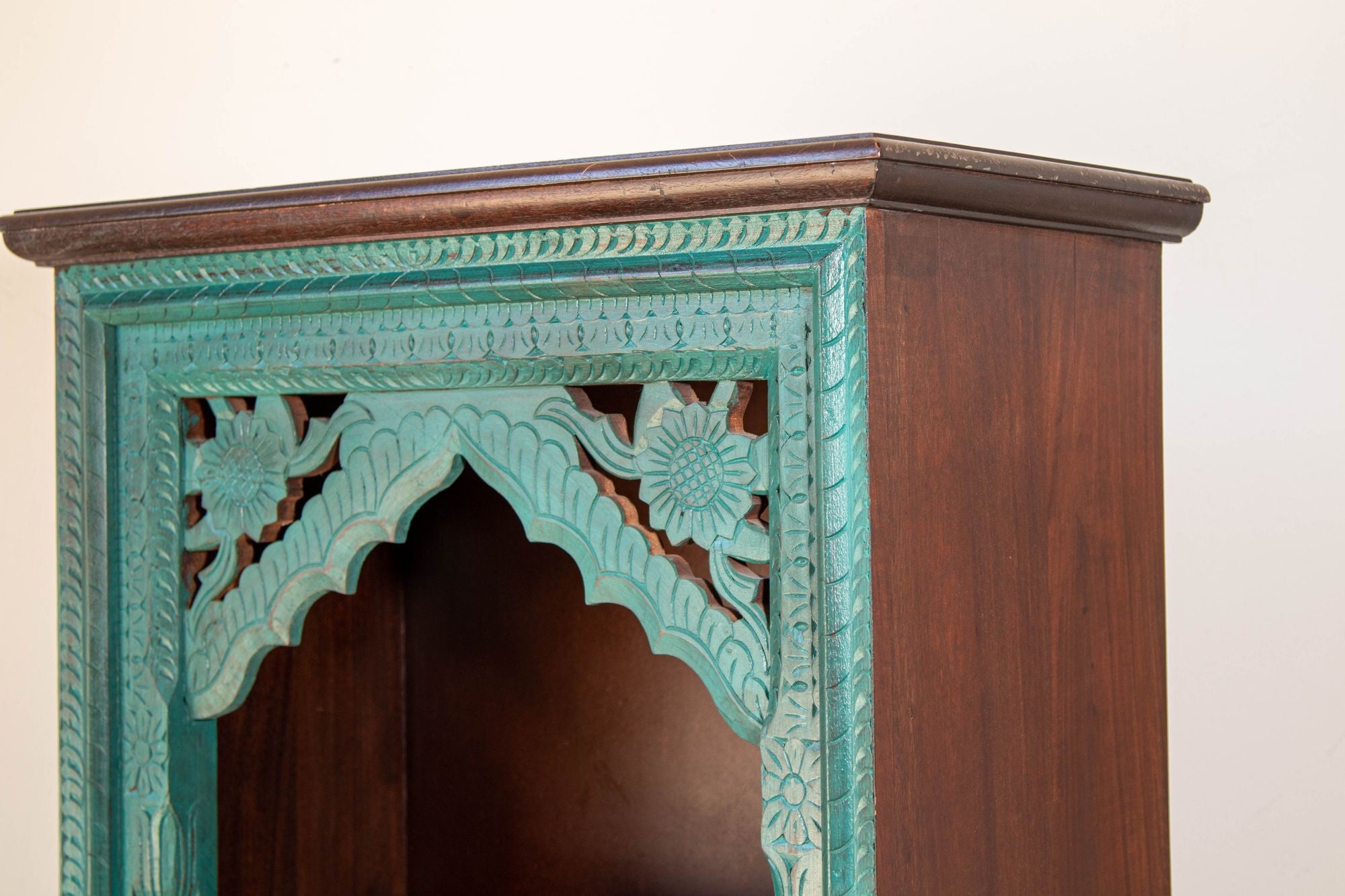 Hand-Carved Arch Bookshelf Wooden Cabinet in Rustic Blue