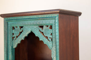 Hand-Carved Arch Bookshelf Wooden Cabinet in Rustic Blue