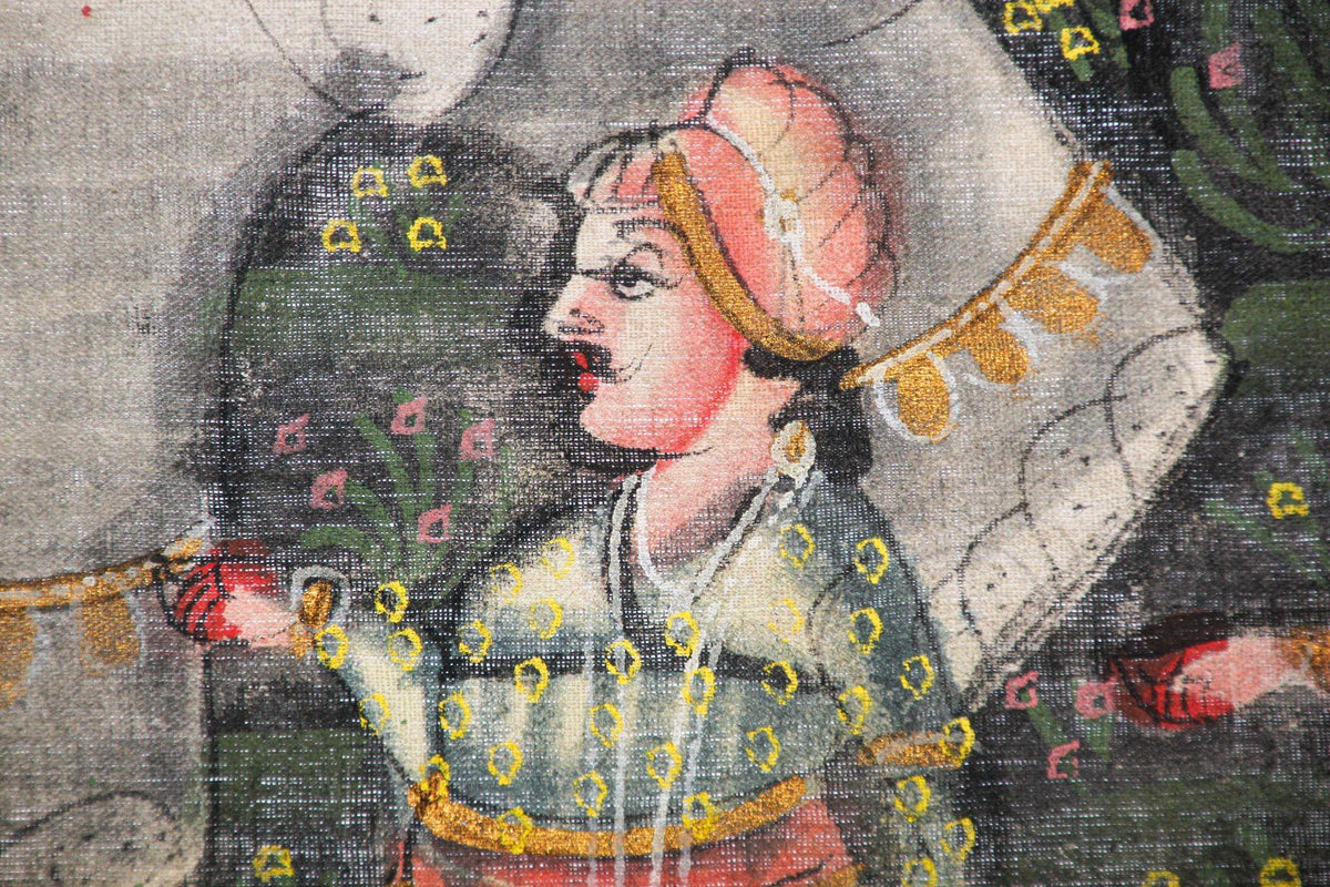 Large Vintage Mughal Raj Silk Painting of a Maharaja Royal Procession — India