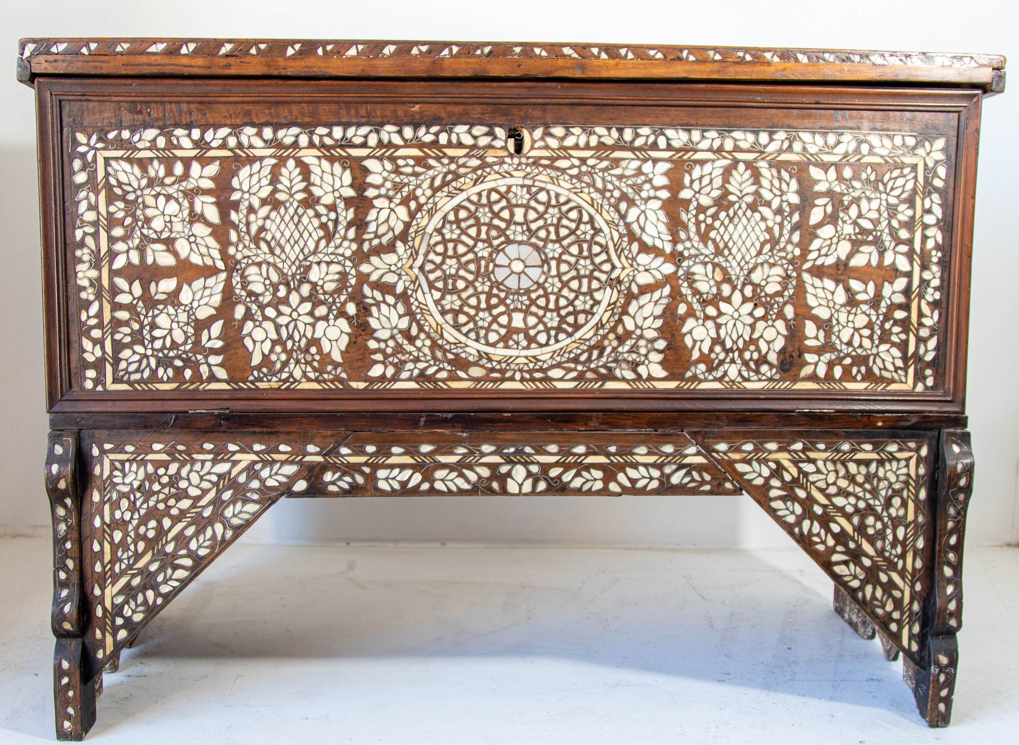 Antique Middle Eastern Mother of Pearl Inlay Dowry Trunk 19th C.