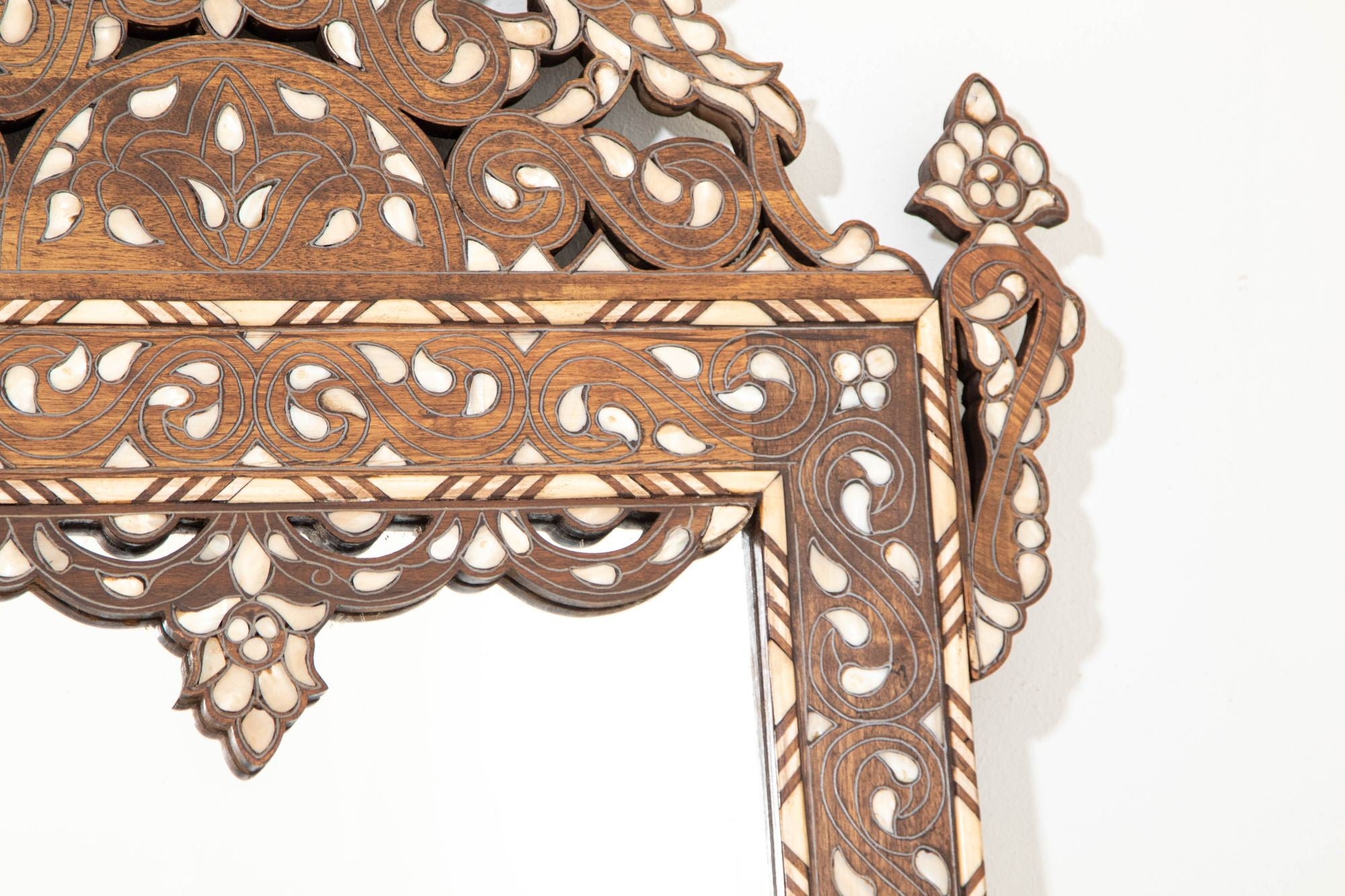 Damascene Moorish Bone Inlaid Mirrors With Floral Motif 52" H. A Pair