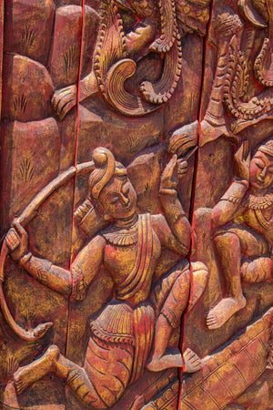 Antique Monumental Asian Hand-Carved Wooden Decorative Mural Panel 8ft