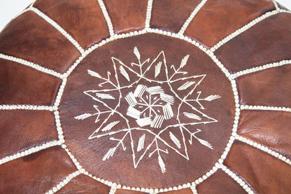 Moroccan Brown Leather Pouf, Embroidered Ottoman, Vintage Style