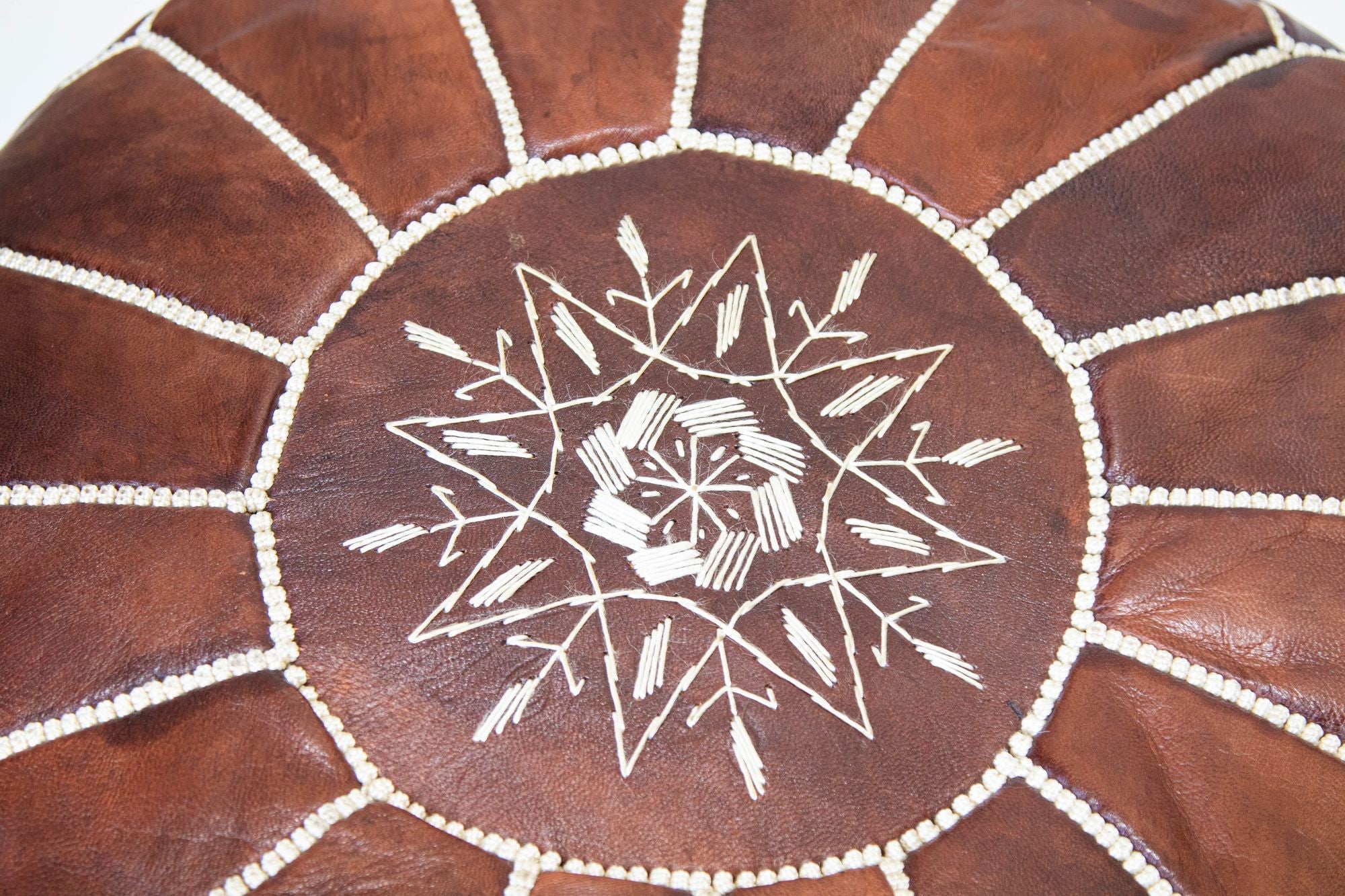 Moroccan Hand Tooled Brown Leather Pouf