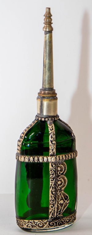 Moorish Green Glass Perfume Bottle Sprinkler with Embossed Metal Overlay