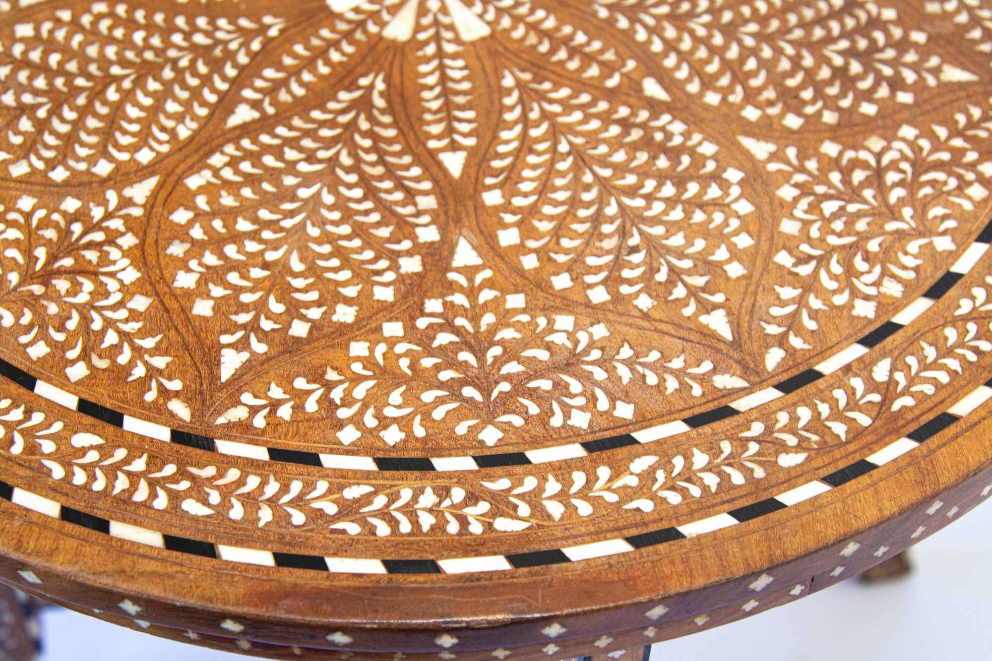 Anglo Indian Mughal Teak Wood Round Side Table with Bone Inlaid