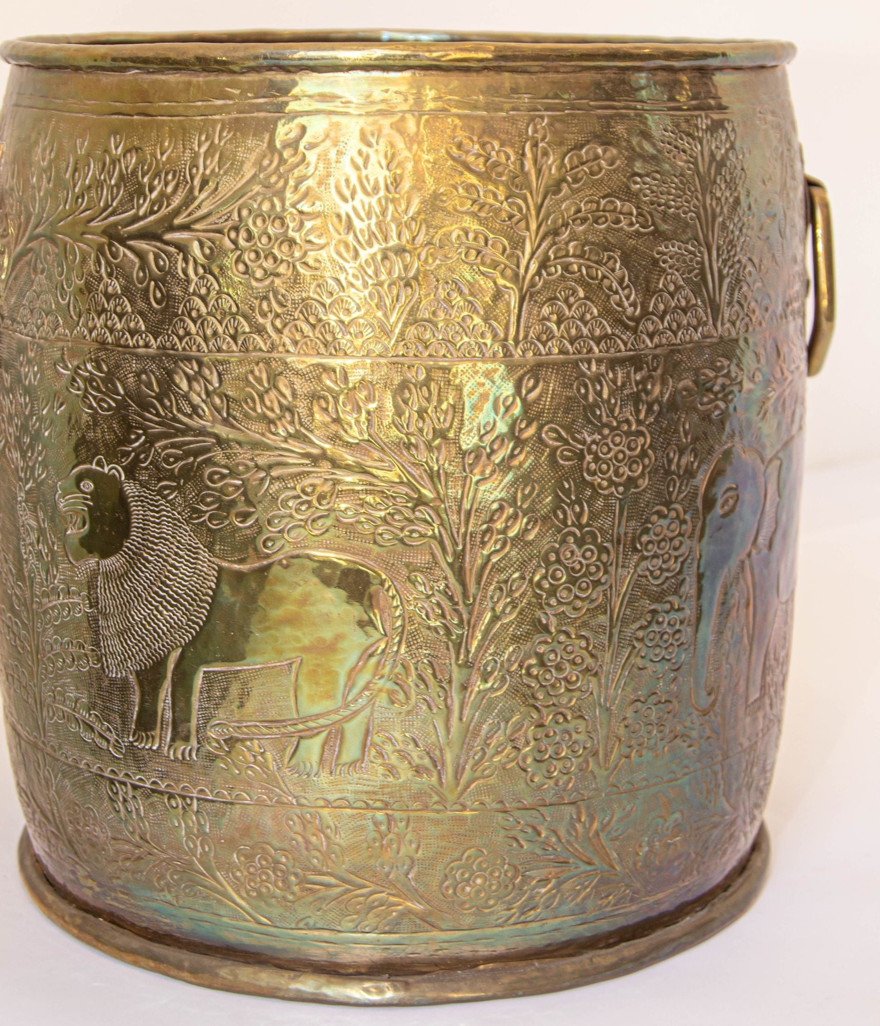 Large Vintage Polished Brass Planters Anglo Raj Hammered Jungle Design a Pair