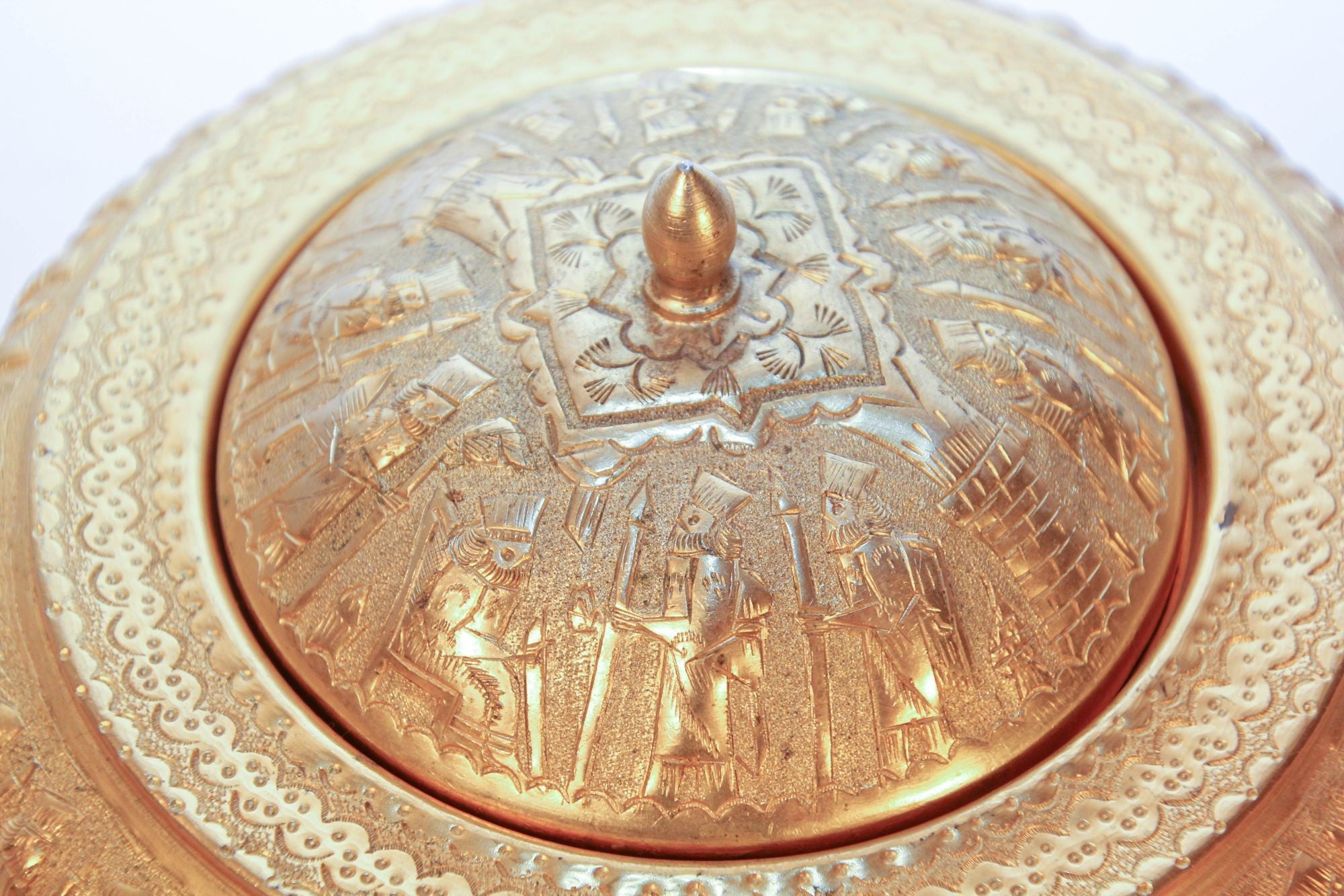 Vintage Gold Tone Islamic Moorish Roll Top Caviar Footed Dish Server 1960s