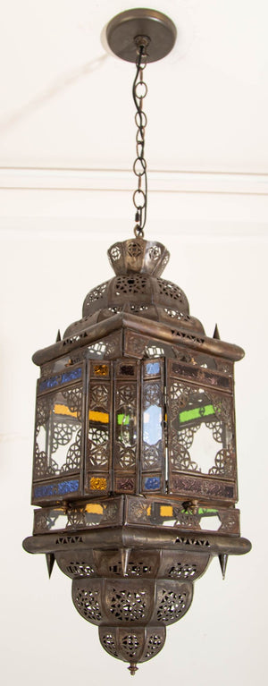 Vintage Moroccan Hanging Lantern Clear and Multicolor Glass Made in Marrakech