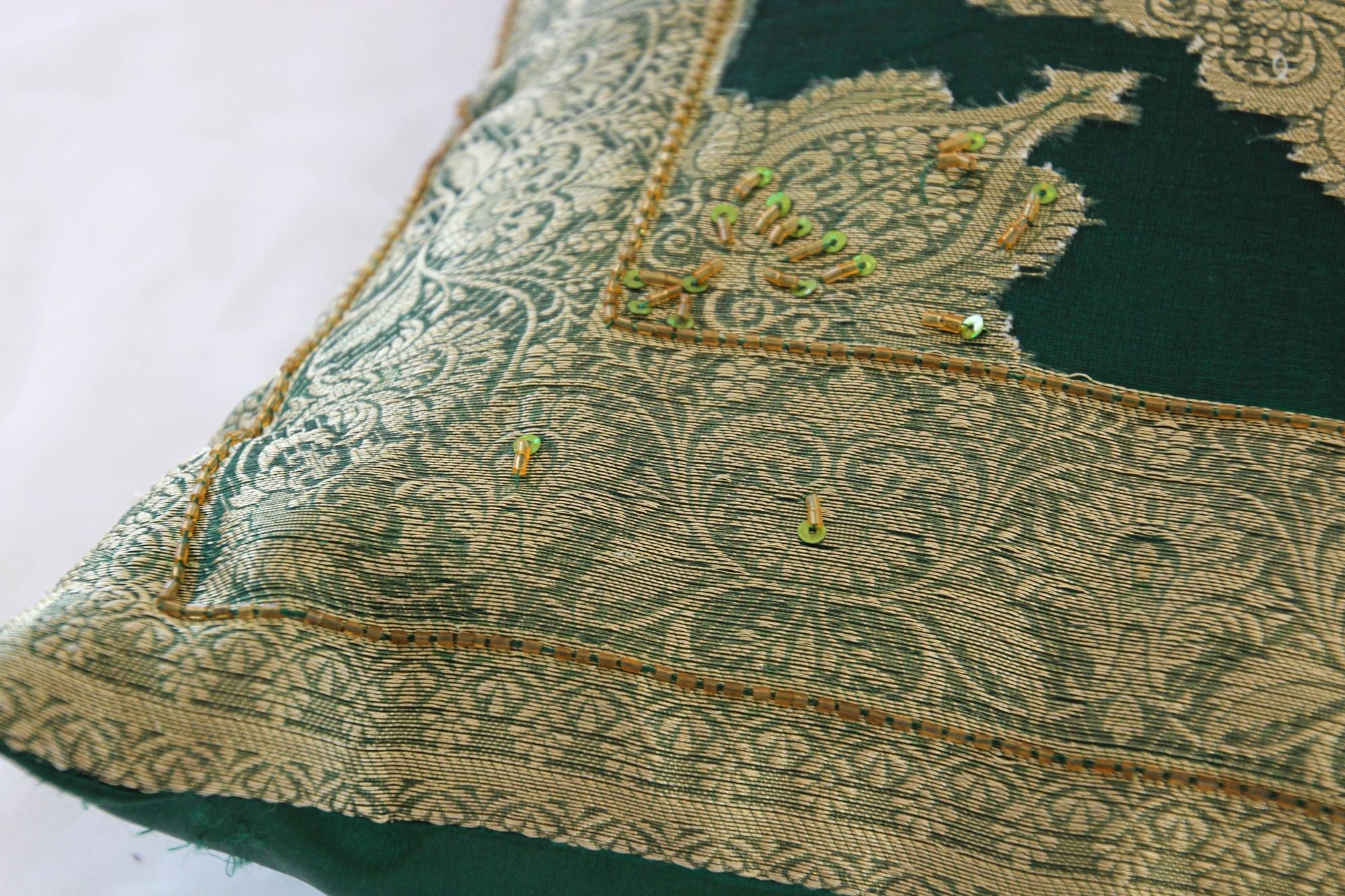 Emerald Green Moorish Throw Pillows Embellished with Sequins and Beads a Pair