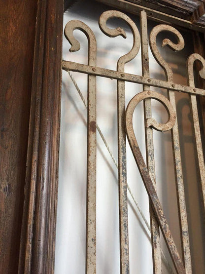 Antique French Painted Double Entry Doors with Transom Wood and Wrought Iron — France