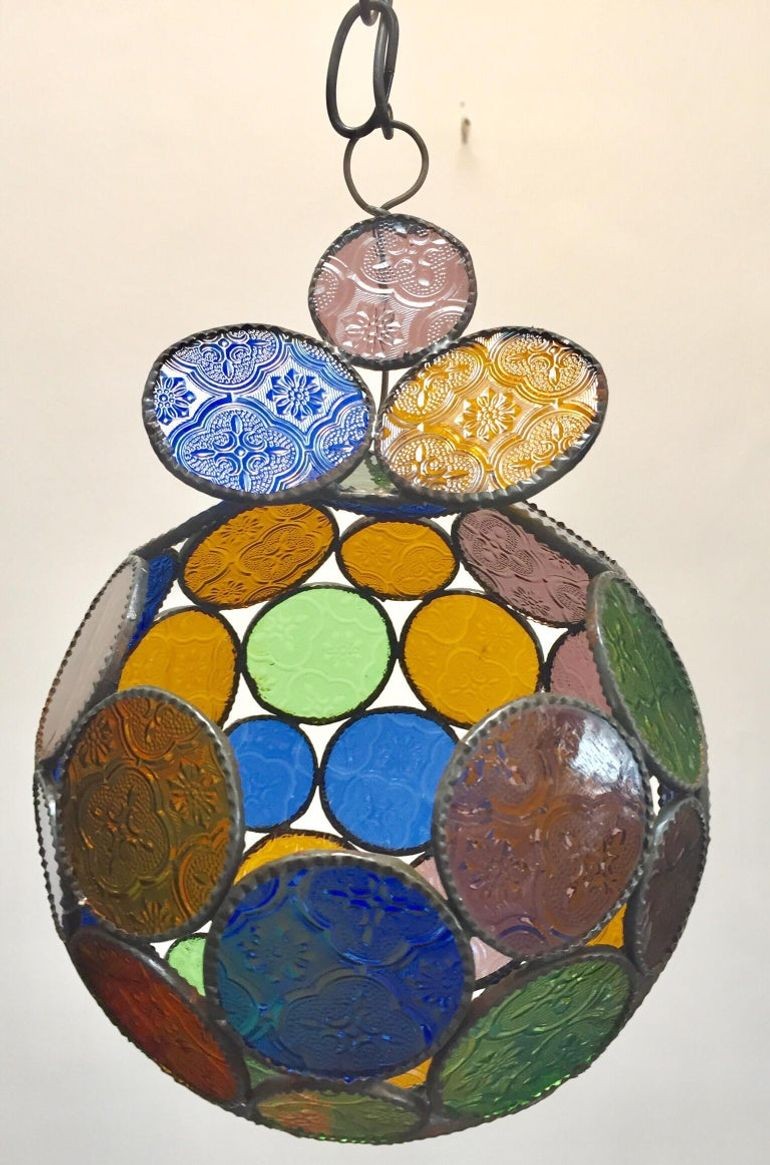 Handcrafted Moroccan Moorish Glass Orb Lantern with Multi-Color Glass