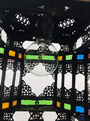 Moroccan Hall Lantern Light Fixture with Multi-Color Glass Moorish Style