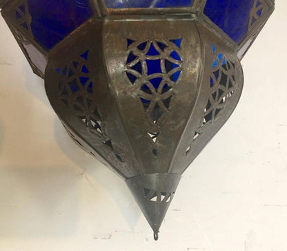 Handcrafted Moroccan Metal and Blue Glass Lantern, Octagonal Shape