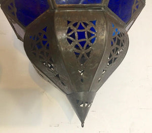 Handcrafted Moroccan Metal and Blue Glass Lantern, Octagonal Shape