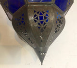Handcrafted Moroccan Metal and Blue Glass Lantern, Octagonal Shape