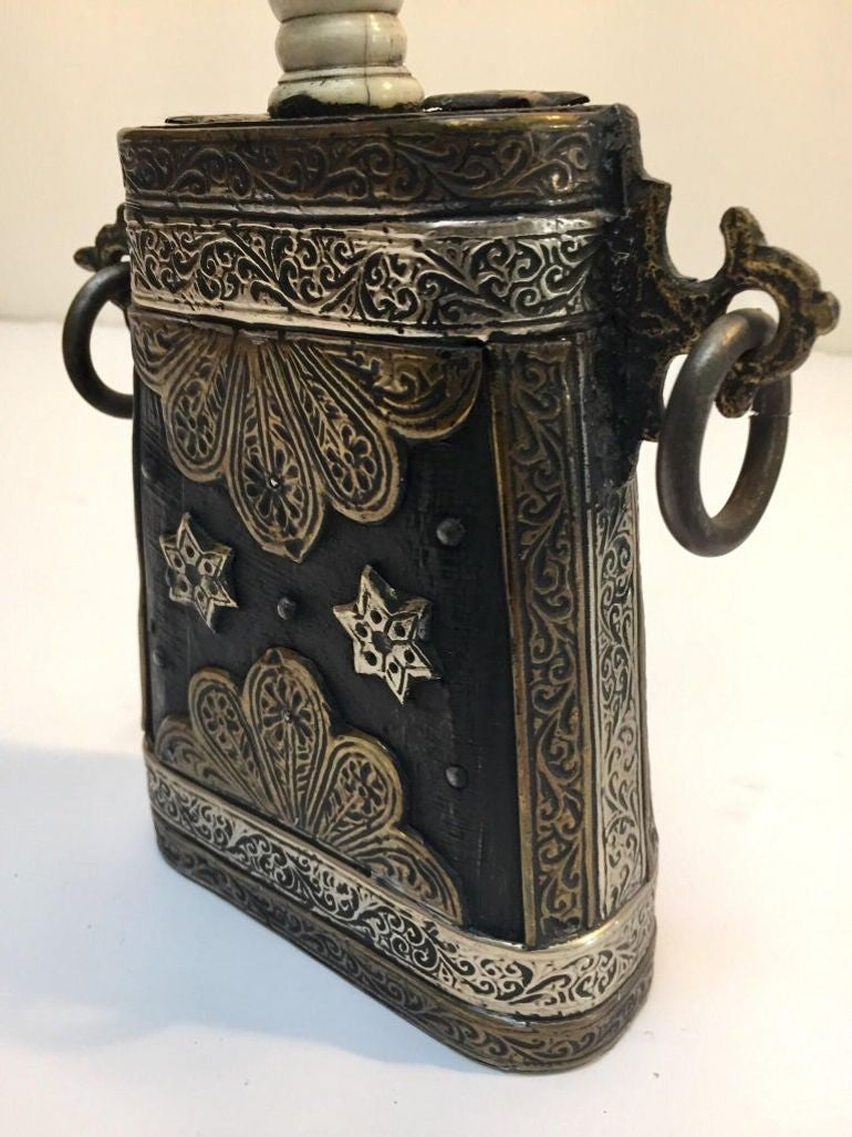 Antique Moroccan Berber Case Flask, Hand-Carved Wood & Brass, 1920s