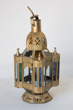 Moroccan Candle Lantern in Moorish Gilt Metal and Glass