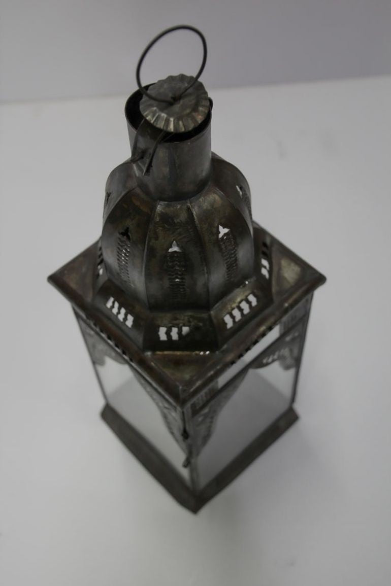Moroccan Metal Candle Lantern in Moorish Square Metal and Clear Glass