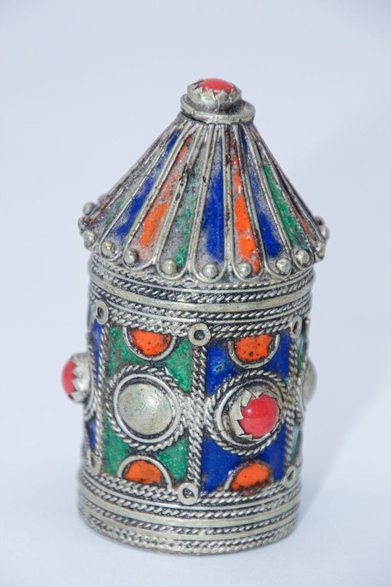 Antique Kabyle Berber Silver & Enamel Kohl Jewelry Box, Algeria, circa 1920s