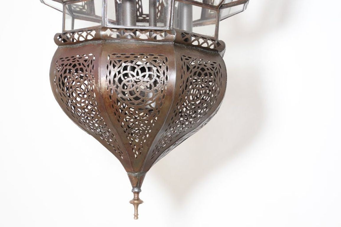 Vintage Moroccan Moorish Clear Glass Pierced Metal Lantern Chandelier, 1980s