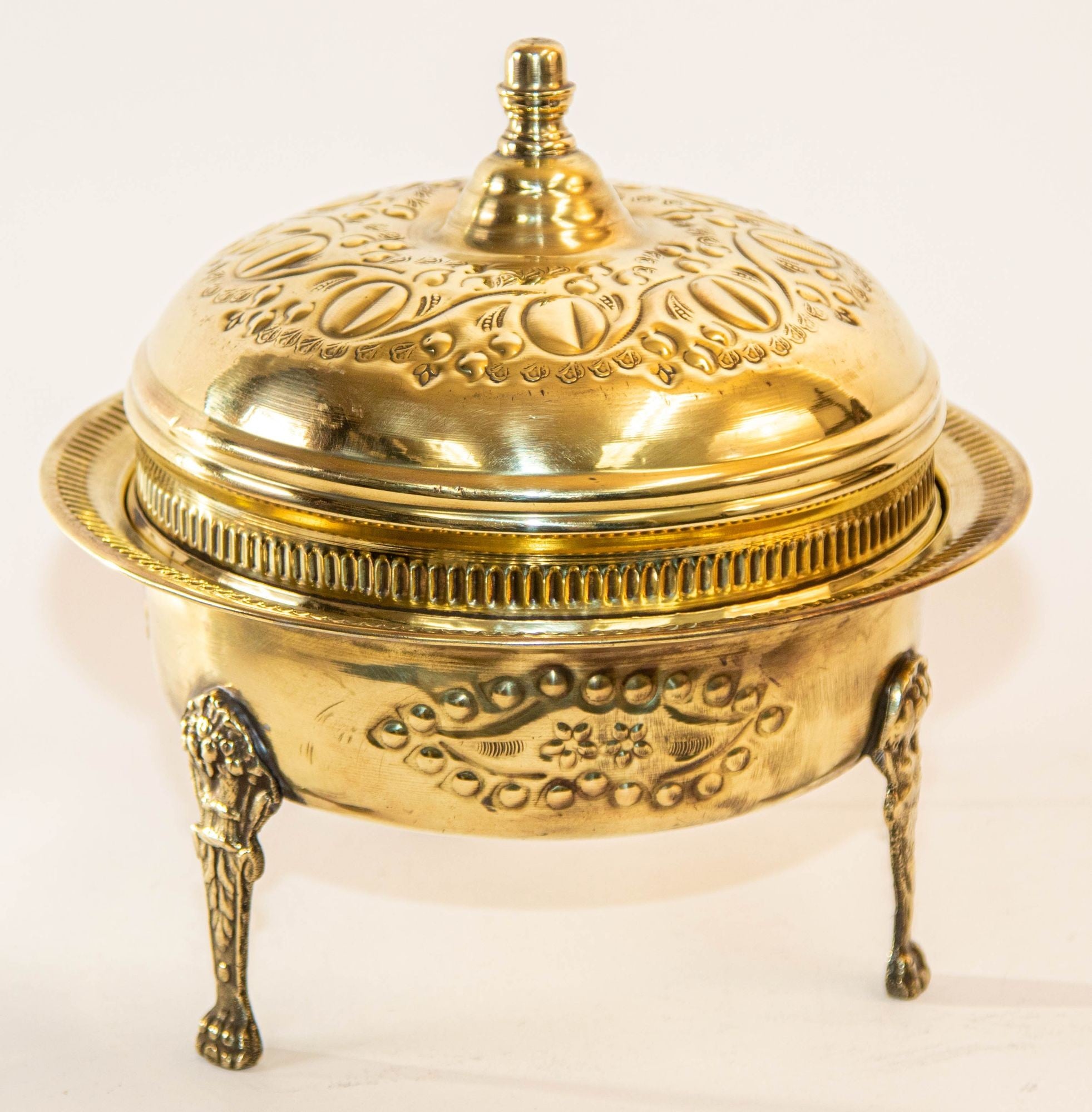 1940s Antique Round Moroccan Brass Serving Dish with Dome Lid and Paw Lion Feet.