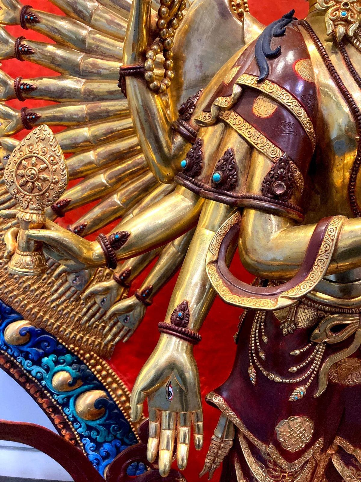 Handcrafted Oversized Gilt and Polychrome Copper Avalokiteshvara Statue, Nepal — detail view 17